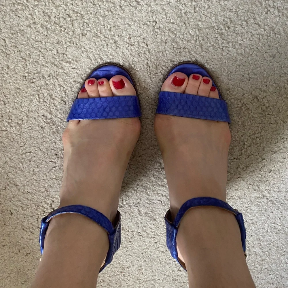 Coach Cobalt Blue Snake-Print Block Heels- Sandals - Picture 3 of 4